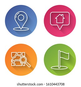 Set line Map pin, Map pointer with house, Folded map with location marker and Flag. Color circle button. Vector