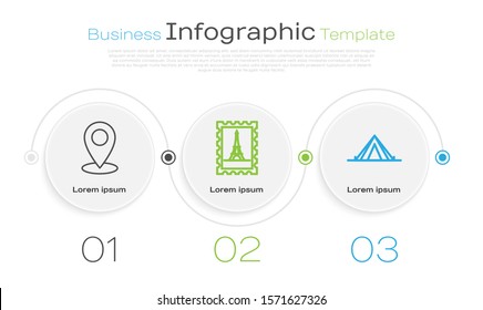 Set line Map pin, Postal stamp and Eiffel tower and Tourist tent. Business infographic template. Vector