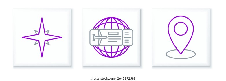 Set line Map pin, Wind rose and Airline ticket icon. Vector