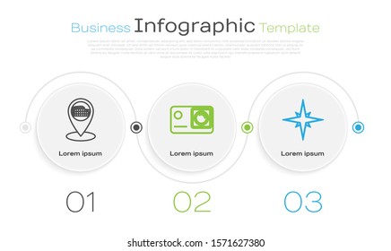 Set line Map pointer with Coliseum in Rome, Italy, Action extreme camera and Wind rose. Business infographic template. Vector