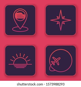 Set line Map pointer with Coliseum in Rome, Italy, Sunset, Wind rose and Globe with flying plane. Blue square button. Vector