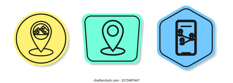 Set line Map pointer with Egypt pyramids, Map pin and Infographic of city map navigation. Colored shapes. Vector