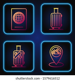 Set line Map pointer with Egypt pyramids, Suitcase for travel and stickers, Passport with biometric data and Suitcase for travel. Gradient color icons. Vector