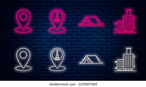 Set line Map pointer with Eiffel tower, Tourist tent, Map pin and Suitcase for travel. Glowing neon icon on brick wall. Vector