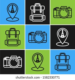 Set line Map pointer with Eiffel tower, Photo camera and Hiking backpack icon. Vector