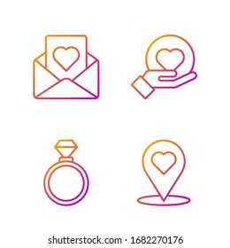 Set line Map pointer with heart, Wedding rings, Envelope with heart and Heart on hand. Gradient color icons. Vector