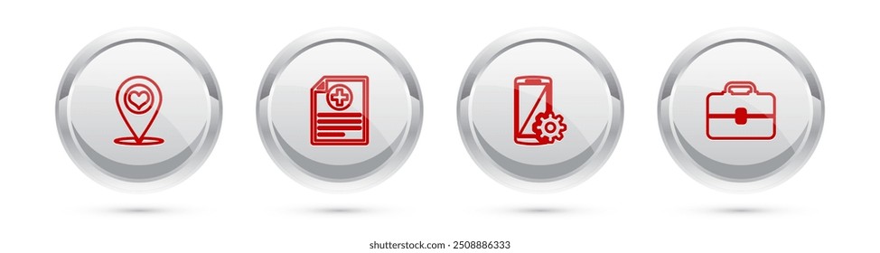 Definir ponteiro de Mapa de linha com coração, registro clínico, Configuração no smartphone e Caixa de ferramentas. Botão círculo prateado. Vetor