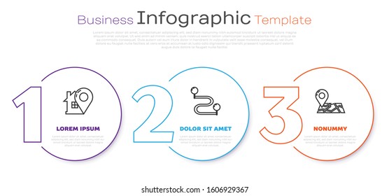 Set line Map pointer with house, Route location and Folded map with location marker. Business infographic template. Vector