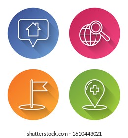 Set line Map pointer with house, Magnifying glass with globe, Flag and Medical map pointer with cross hospital. Color circle button. Vector