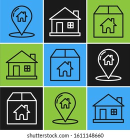 Set line Map pointer with house, Cardboard box with house and House icon. Vector