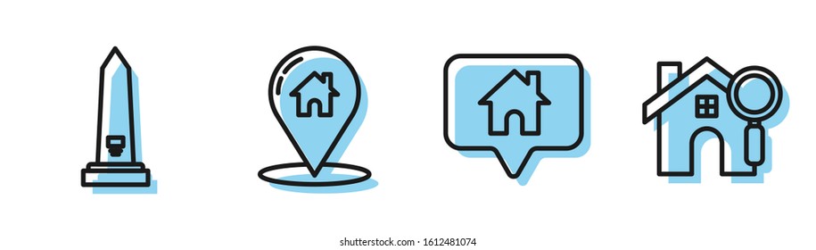 Set line Map pointer with house, Washington monument, Map pointer with house and Search house icon. Vector