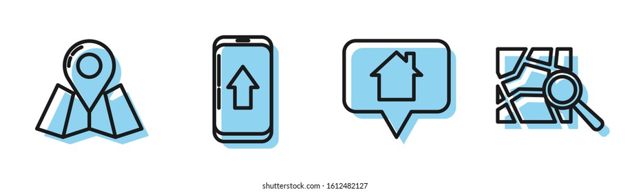 Set line Map pointer with house, Folded map with location marker, Infographic of city map navigation and Folded map with location marker icon. Vector