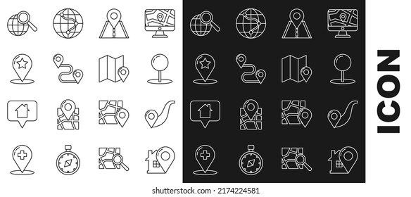 Set line Map pointer with house, Route location, Push pin, Road traffic sign, star, Magnifying glass globe and Folded map marker icon. Vector