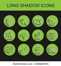 Set line Map pointer with house, Route location, Traffic light, Road traffic sign, Folded map marker, Paper airplane,  and star icon. Vector