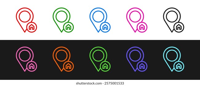 Set line Map pointer with house icon isolated on black and white background. Home location marker symbol.  Vector