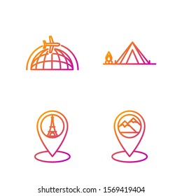 Set line Map pointer with mountain, Map pointer with tower, Globe with flying plane and Tourist tent with wood fire. Gradient color icons. Vector
