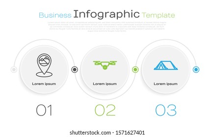 Set line Map pointer with mountain, Drone flying with action video camera and Tourist tent. Business infographic template. Vector