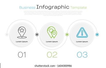 Set line Map pointer with star, Map pin and Exclamation mark in triangle. Business infographic template. Vector