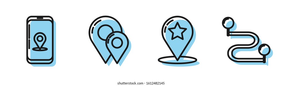 Set line Map pointer with star, Infographic of city map navigation, Map pin and Route location icon. Vector