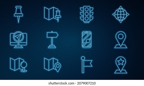 Set line Map pointer with star, Location, Traffic light, Road traffic sign, Monitor location marker, Push pin, City map navigation and Folded push icon. Vector