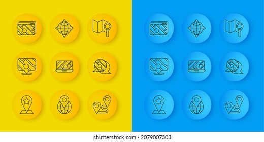 Set line Map pointer with star, Infographic of city map navigation, City, Route location, Search and World globe compass icon. Vector