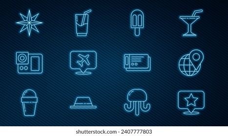 Set line Map pointer with star, Location on the globe, Ice cream, Speech bubble airplane, Photo camera, Wind rose, Travel ticket and Cocktail and alcohol drink icon. Vector