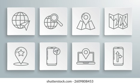 Set line Map pointer with star, Magnifying glass globe, Infographic of city map navigation, Laptop location marker, Folded,  and Location the icon. Vector