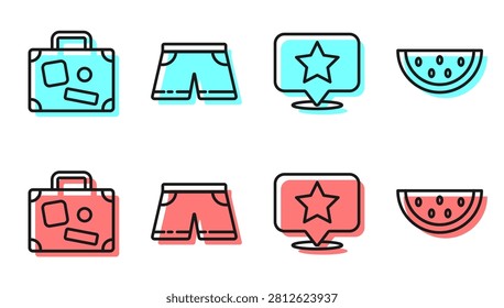Set line Map pointer with star, Suitcase, Swimming trunks and Watermelon icon. Vector