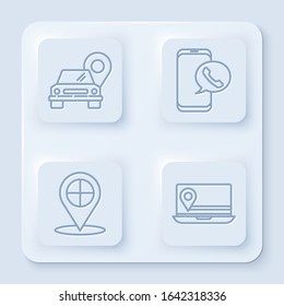 Set line Map pointer with taxi, Taxi call telephone service, Map pointer with taxi and Laptop with location marker. White square button. Vector