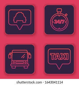 Set line Map pointer with taxi, Bus, Stopwatch 24 hours and Map pointer with taxi. Blue square button. Vector