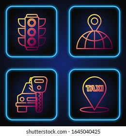 Coloque el puntero de mapa de línea con taxi, alquiler de Camiones, semáforo y ubicación en el mundo. Iconos de color degradado. Vector