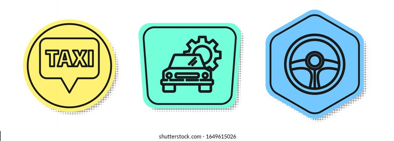 Set line Map pointer with taxi, Car service and Steering wheel. Colored shapes. Vector