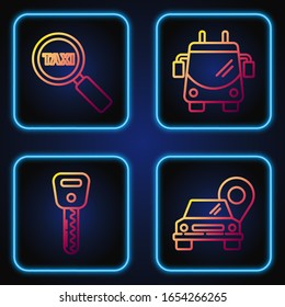 Set line Map pointer with taxi, Car key, Magnifying glass and taxi car and Trolleybus. Gradient color icons. Vector