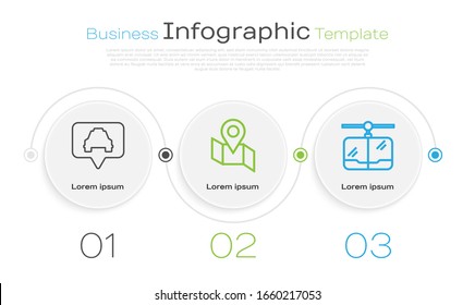 Set line Map pointer with taxi, Folded map with location marker and Cable car. Business infographic template. Vector