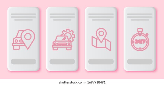 Set line Map pointer with taxi, Car service, Folded map with location marker and Stopwatch 24 hours. White rectangle button. Vector