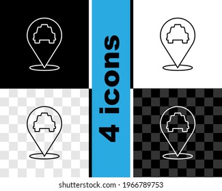 Set line Map pointer with taxi icon isolated on black and white, transparent background. Location symbol.  Vector