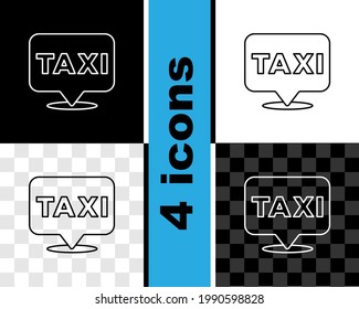 Set line Map pointer with taxi icon isolated on black and white, transparent background. Location symbol.  Vector