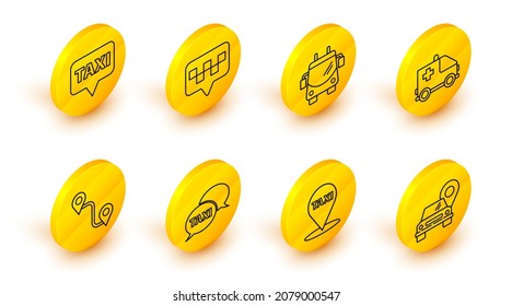 Set line Map pointer with taxi, Taxi call telephone service, Route location, Ambulance and emergency car, Trolleybus,  and  icon. Vector