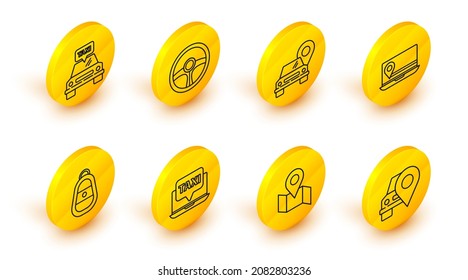 Set line Map pointer with taxi, Folded map location marker, Laptop call service, Car key remote, Steering wheel and Taxi car icon. Vector