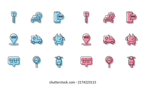 Set line Map pointer with taxi, Magnifying glass and car, Car key, Scooter, Ambulance emergency, Trolleybus,  and service icon. Vector