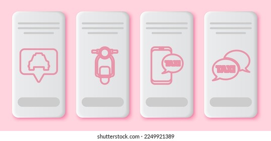 Set line Map pointer with taxi, Scooter, Taxi call telephone service and Taxi call telephone service. White rectangle button. Vector