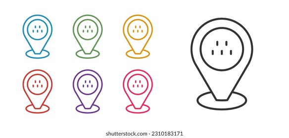 Set line Map pointer with taxi car icon isolated on white background. Location symbol. Set icons colorful. Vector