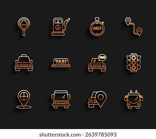 Set line Map pointer with taxi, Car, Magnifying glass and car, Trolleybus, Taxi roof, Traffic light and  icon. Vector