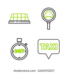 Set line Map pointer with taxi, Stopwatch 24 hours, Magnifying glass and car and Taxi roof icon. Vector