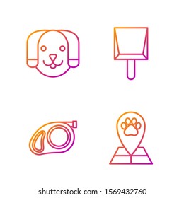 Set line Map pointer with veterinary medicine hospital, Retractable cord leash with carabiner, Dog and Dustpan. Gradient color icons. Vector