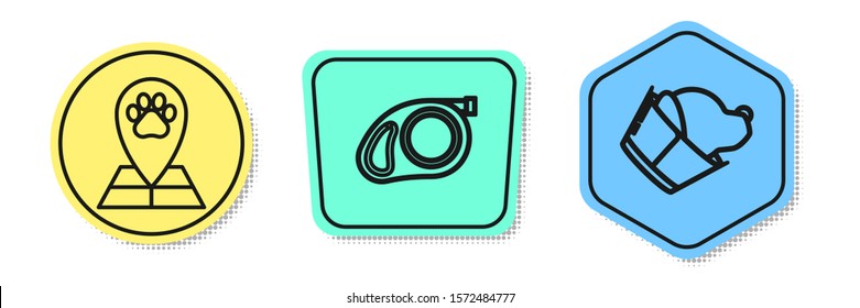 Set line Map pointer with veterinary medicine hospital, Retractable cord leash with carabiner and Veterinary clinic symbol. Colored shapes. Vector