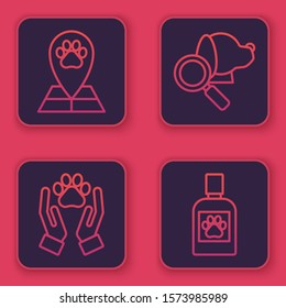 Set line Map pointer with veterinary medicine hospital, Hands with animals footprint, Veterinary clinic symbol and Dog medicine bottle. Blue square button. Vector