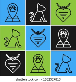Set line Map pointer with veterinary medicine hospital, Collar with name tag and heart and Cat icon. Vector