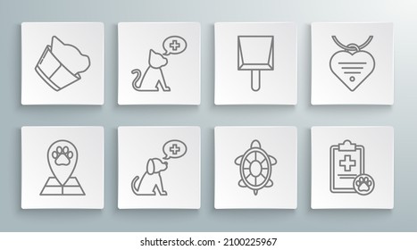Set line Map pointer with veterinary medicine hospital, Veterinary clinic symbol, Turtle, Clipboard medical clinical record pet, Dustpan, Collar name tag and heart and  icon. Vector