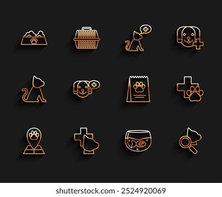 Puntero del mapa con el hospital de la medicina veterinaria, símbolo de la clínica veterinaria, cuenco de la comida para el gato o el perro, pez del acuario, y bolsa del icono. Vector